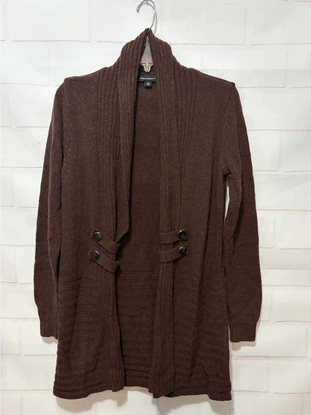 Fortune & Ivy Metallic Button Detail Shawl Collar Sweater Cardigan Brown S